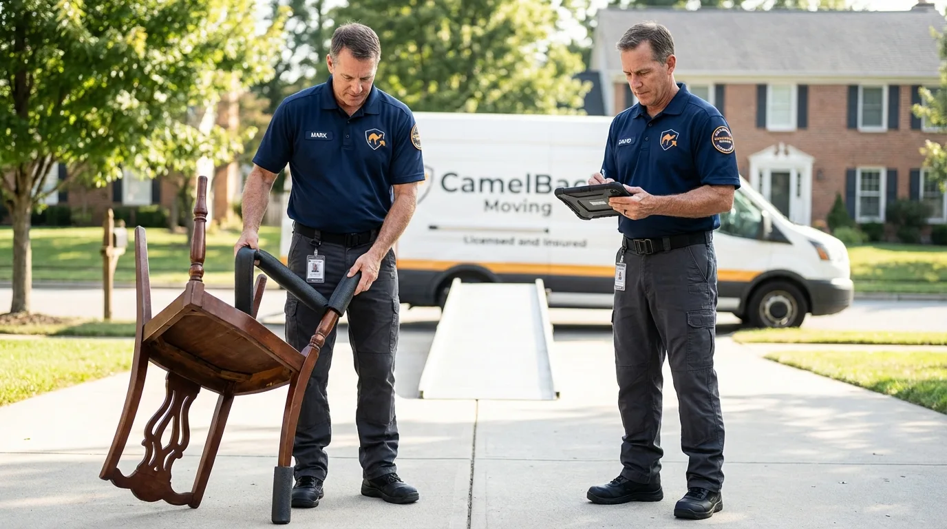 Movers inspecting furniture for damage prevention before loading in Tamaqua, PA